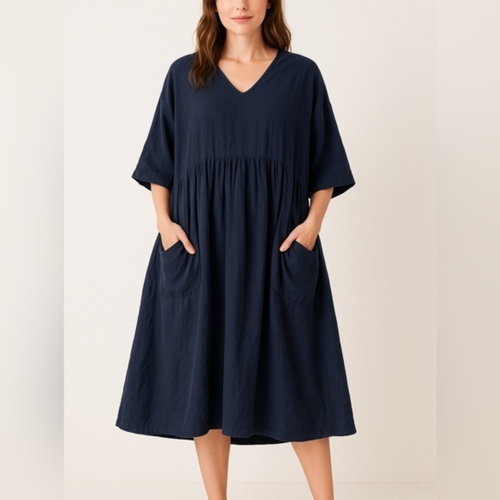 Lisa Bayne Linen Blend Navy Lagenlook Oversized Shift Pockets Dress